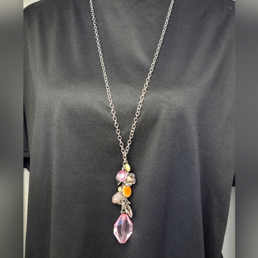 Silvertone Necklace with a collage of items 32 inch chain - Picture 1 of 4